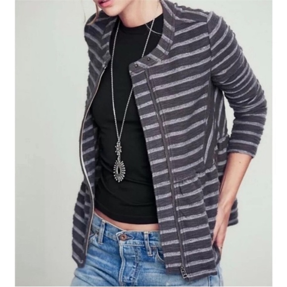 Free People Jackets & Blazers - Free People Gray Striped Peplum Zip Jacket